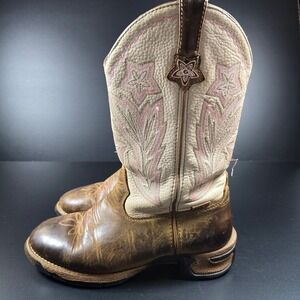 Rocky Ride 08 Western Boots Womens 7.5M Brown Cream Pink Star Embroidery